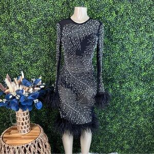 Nwt Elegant‎ Black mesh fully rhinestone Feathered detail Dress
